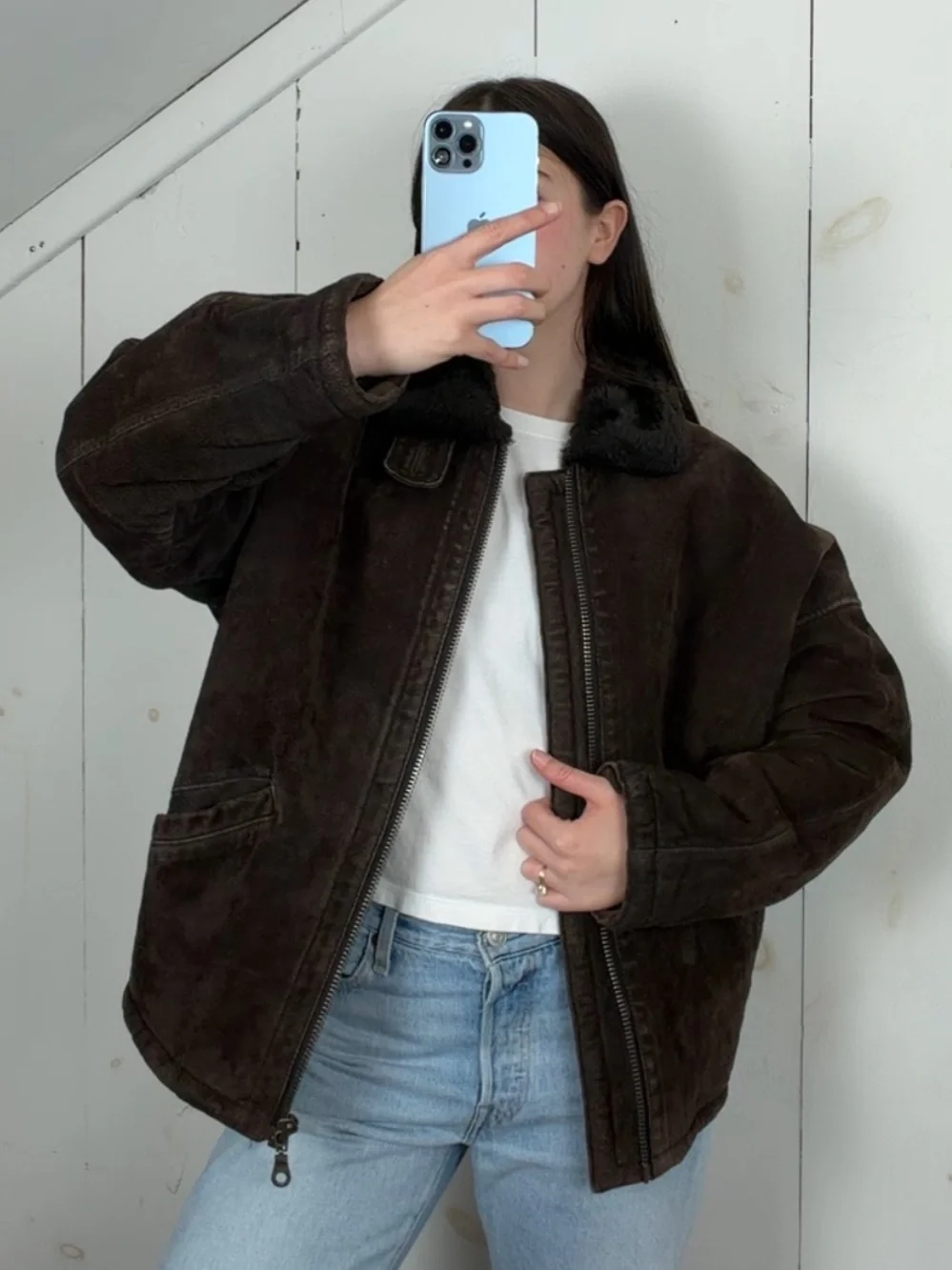 Jones New York Brown Leather Utility Jacket Men’s Small Faux Fur Collar Boxy Fit